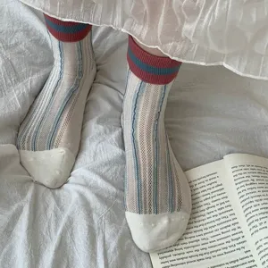 Close-up of summer sheer mesh mid-calf socks with striped ribbed cuffs, breathable fit.