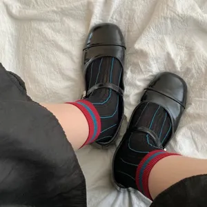 Women black mesh striped mid-tube socks detail view, breathable summer fashion socks.