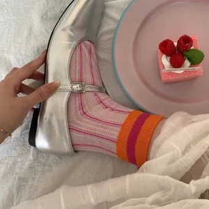 Women summer mesh knit socks, pink striped breathable mid-tube casual socks daily wear.