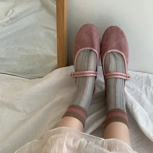 Women vintage pink Mary Jane shoes with striped breathable mesh mid tube socks cute sweet