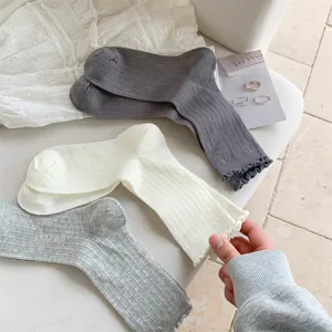 Ballet style ruffle crew socks for women, breathable cotton summer mesh lace long socks.