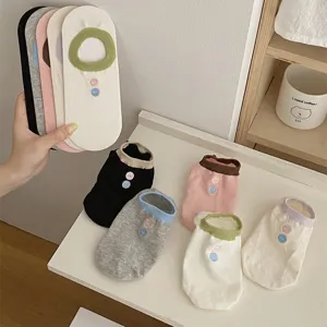 Spring summer women breathable solid color button embroidered cotton mesh boat socks