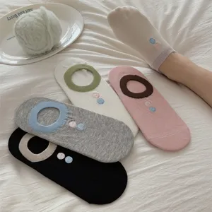 Breathable summer women low cut boat socks with cute button embroidery and anti slip design.