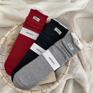 Japanese style roll cuff stacked socks, pure color soft wool blend mid-tube socks, 3 pairs.