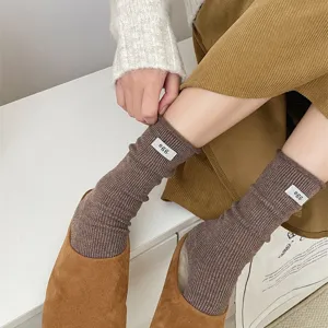 Japanese style brown ribbed slouch socks with cute label, soft wool blend long socks detail