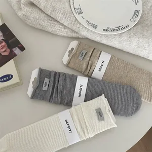 Japanese style solid color slouch socks women autumn winter casual ribbed knit mid tube long socks