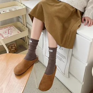 Brown ribbed knit socks for women, cute autumn winter crew socks with letter tag label.