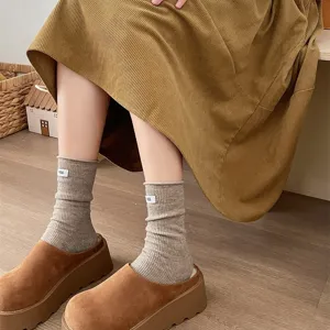 Japanese style solid color ribbed knit mid tube socks women autumn winter warm soft cozy socks