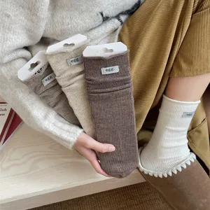 Japanese style ribbed stacked socks for women, soft solid color mid tube winter socks.