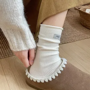 Japanese style rolled edge slouch socks for women, autumn winter solid color warm mid tube wool socks.