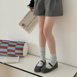 Vista dettagliata di calzini in peluche accoglienti a righe abbinati a scarpe eleganti.