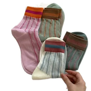Summer thin vertical striped color block mesh mid-tube women socks set main display view