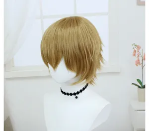 Short blonde cosplay wig with layered flip design, universal style for anime character styling.