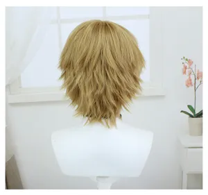 Detailed close-up back view of short blonde spiky cosplay wig on white mannequin display.
