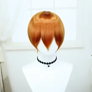 Korte oranje cosplay pruik hittebestendig synthetisch haar voor anime styling 28cm