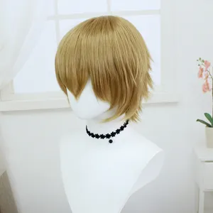 Universal short blonde cosplay wig 30cm flip layered hair for anime character styling.
