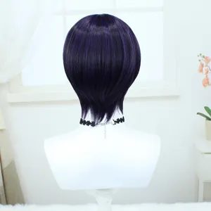 Korte paarse cosplay pruik voor jongeren in anime stijl hittebestendig kunsthaar 28cm