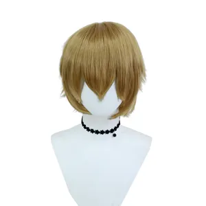 Blonde short cosplay wig with black lace choker on mannequin head for anime styling.