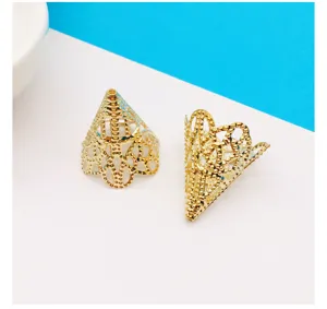 Gold hollow metal cone bead caps for DIY jewelry making, tassel caps, crafting accessories pack.