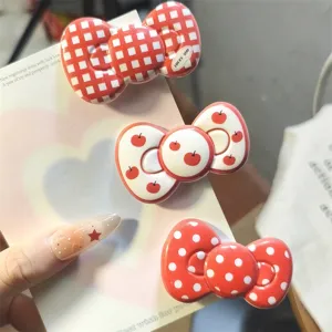Retro red bow hair clip detail, cherry and polka dot resin hairpin for sweet daily wear style.