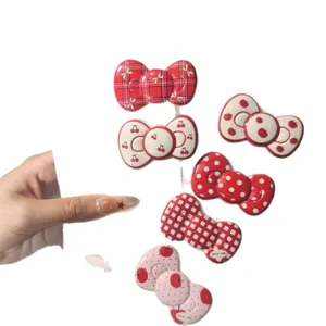 Vintage red bow hair clips set with cute polka dots, plaid and cherry patterns for girls.