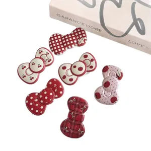 Vintage red polka dot plaid bow hair clips, cute cherry apple side duckbill clips.