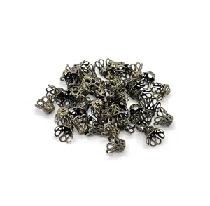 Bronze filigree bead caps for DIY jewelry making, vintage flower cone charms for hair sticks.