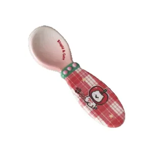 Cute red plaid ceramic spoon with apple puppy cartoon graphic and english text for dining table.