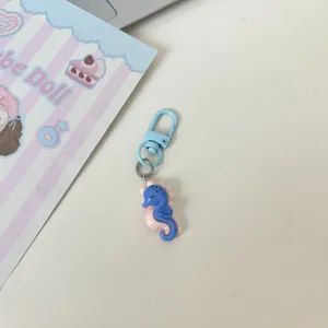 Cute blue seahorse keychain detail, lovely cartoon bag charm pendant for daily use