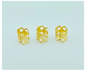 Gold metal dreadlock hair cuffs detail, stylish hollow flower braid rings for DIY hair styling.