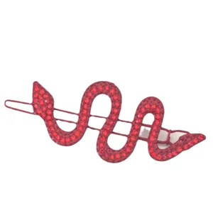 Red rhinestone snake hair clip, sparkling crystal hairpin, stylish serpent side clip for women.