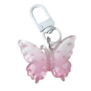 Spring translucent pink butterfly keychain with floral jelly pendant for bag accessory