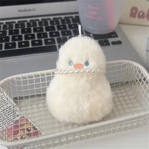Cute cartoon plush chick keychain bag pendant with pearl necklace, soft fluffy doll ornament.