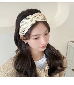 Beige woven knotted hair hoop detail view, casual Mori style chic hair accessory for women.