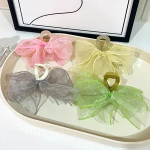 Set di mollette per capelli con fiocco in organza a doppio lato, clip coda di cavallo dolce.