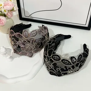 Fascia per capelli in pizzo largo da donna, elegante cerchietto floreale ricamato