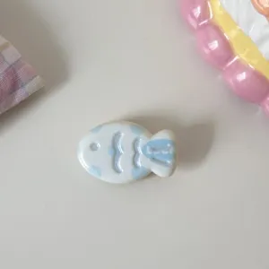 Cute blue and white ceramic fish hairpin detail, sweet style cartoon hair clip for daily wear.
