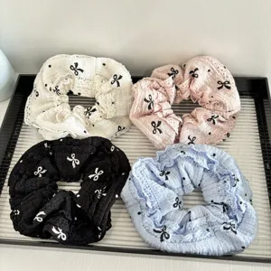 Fashion Lace Printed Bow Scrunchies Elegant Floral Hair Scrunchie Elastic Hair Ropes Hair Accessories For Women Daily Wear
