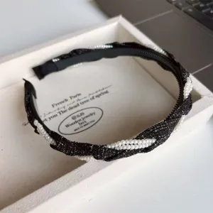 Schwarzer Stoff geflochtener Perlen Haarreif im koreanischen Stil, elegante Haarspange Damen Alltag.