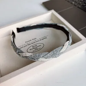 Modischer grauer Tweed Perlen geflochtener Haarreif eleganter Haarschmuck Damen neu