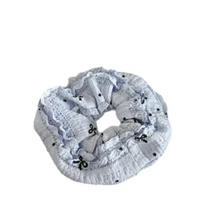 Light blue lace hair scrunchie with cute black bow embroidery for women daily stylish hair accessories.