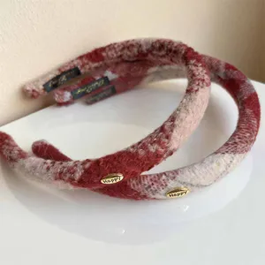 Roter karierter Haarreif aus Wolle für Damen, stilvoller dicker Haarreif, Winter Haaraccessoires.