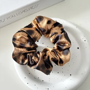Vintage leopard print satin scrunchie, elegant wide hair tie for women and girls daily wear.