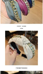 Chic leather knotted headband with chunky gold chain for women, luxury daily hair accessories.