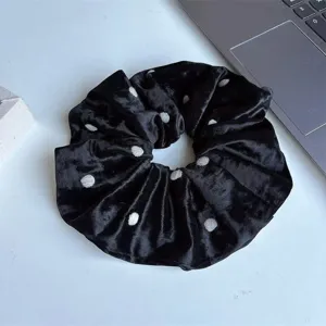 Black velvet hair scrunchie with white polka dots, elegant large hair band for women and girls.