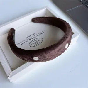 Brown velvet headband for women, elegant padded hair hoop with cute white embroidered polka dots.