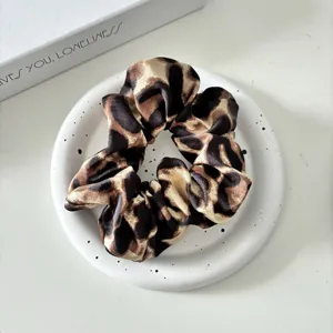 Leopard print satin hair scrunchie wide pleated fabric hair tie for women daily chic styling