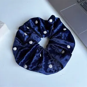 Dark blue velvet hair scrunchie with white polka dots, soft oversized hair tie for women.