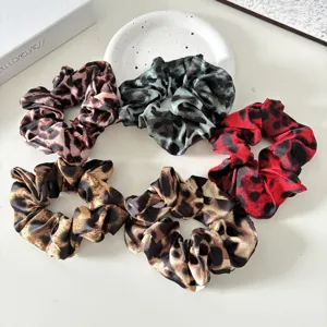 Retro leopard print satin scrunchies detail, pleated elastic hair ties in multi chic colors for women.