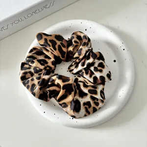 Leopard print satin scrunchie, wide hair tie for women, vintage style hair accessory.